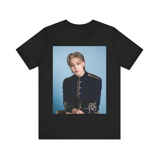 A black graphic t-shirt featuring a graphic related to Jimin's 'FACE' album era.