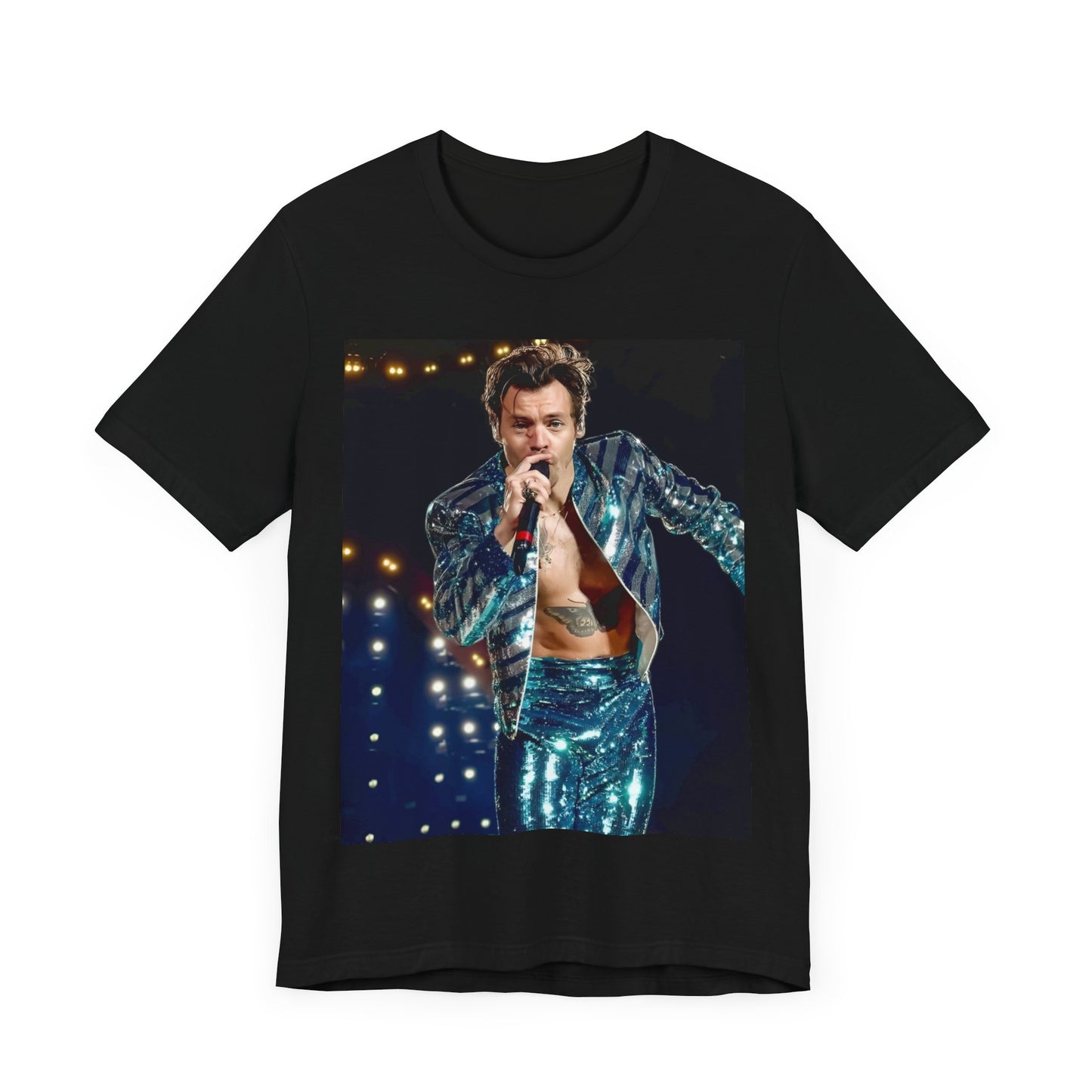 A black graphic t-shirt featuring a graphic related to Harry Styles' 'Adore You' song or era.