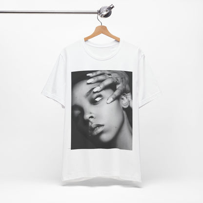 A black graphic t-shirt featuring a black and white, monochrome graphic or photo of Tinashe.
