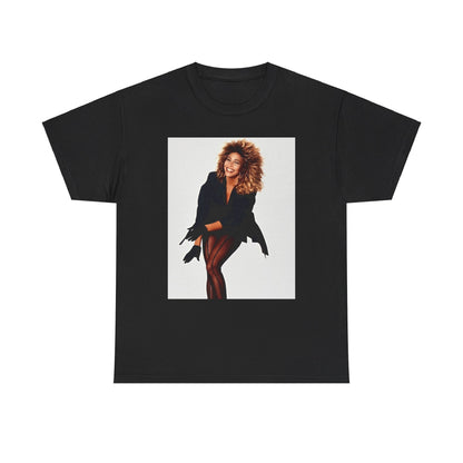 A black graphic t-shirt featuring a graphic of Tina Turner as a Rock and Roll Hall of Famer.