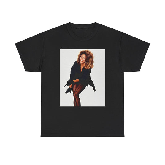 A black graphic t-shirt featuring a graphic of Tina Turner as a Rock and Roll Hall of Famer.