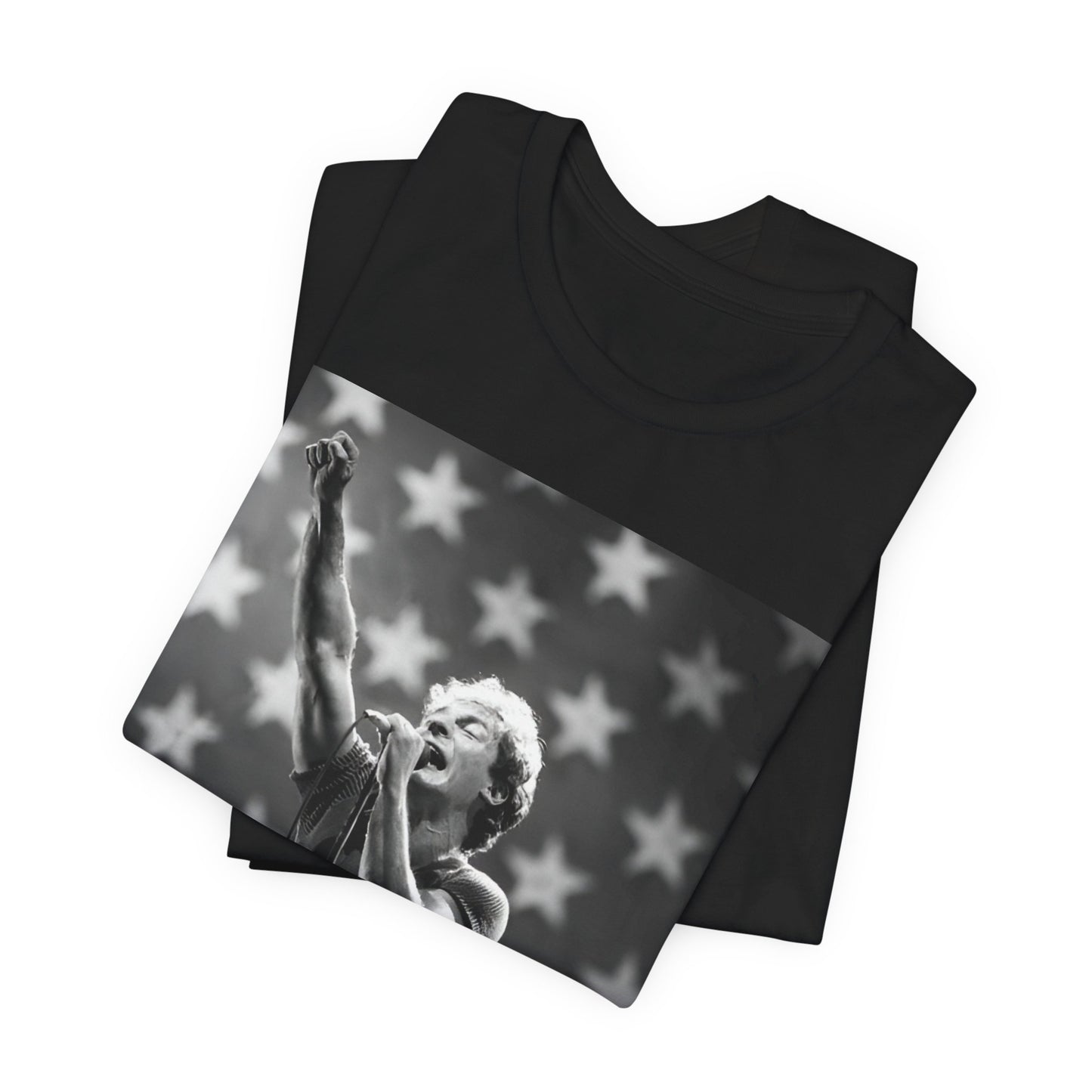 A black graphic t-shirt featuring a 70s era Americana-style graphic of Bruce Springsteen.