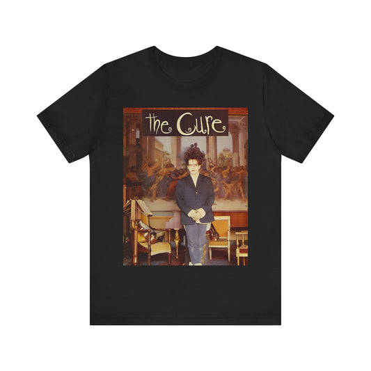 A black graphic t-shirt featuring a graphic of Robert Smith from The Cure as a goth icon.