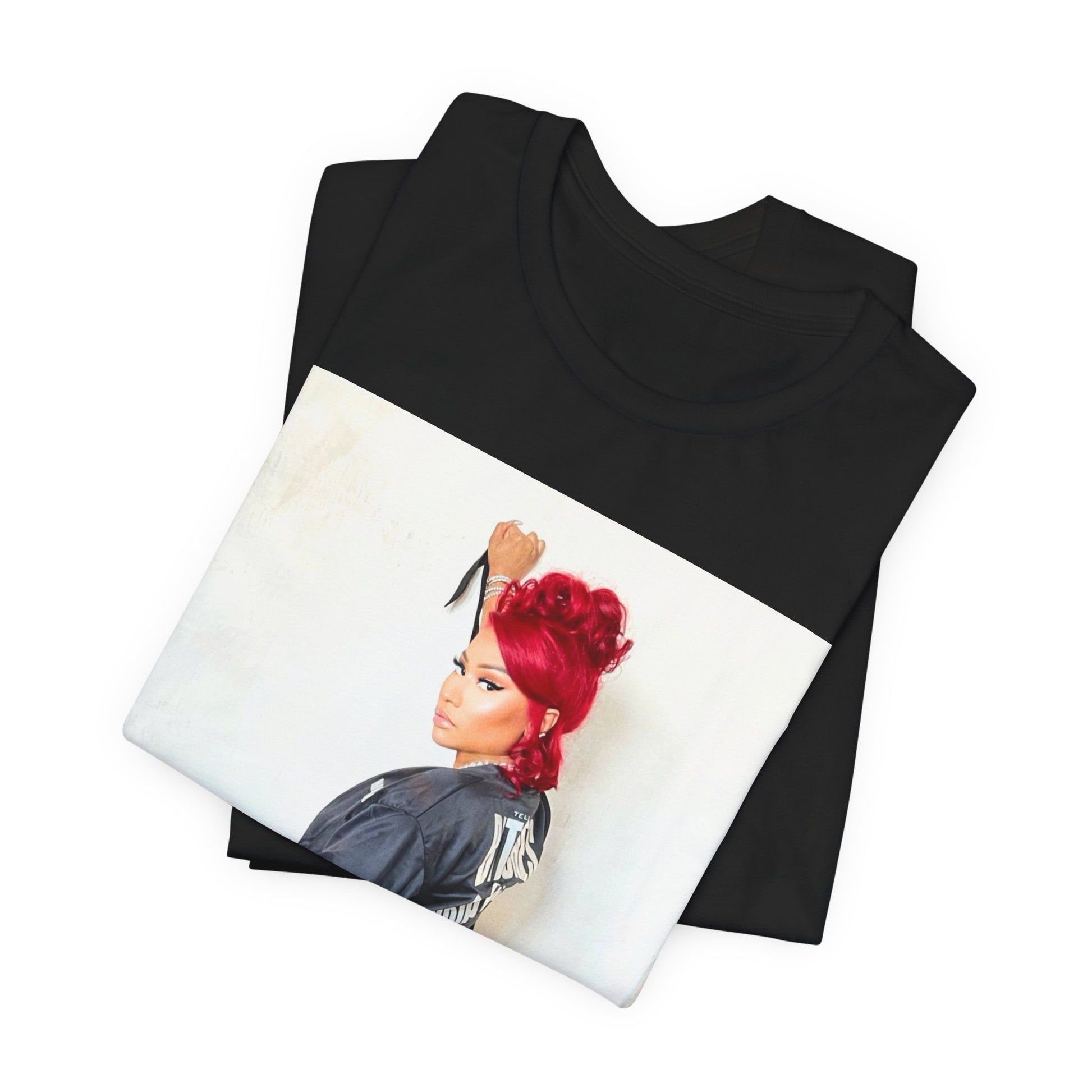 A black graphic t-shirt featuring a graphic of Nicki Minaj in an iconic power pose.