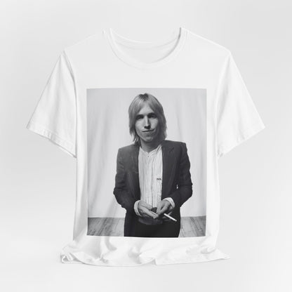 A black graphic t-shirt featuring a graphic of Tom Petty with rock legend vibes.