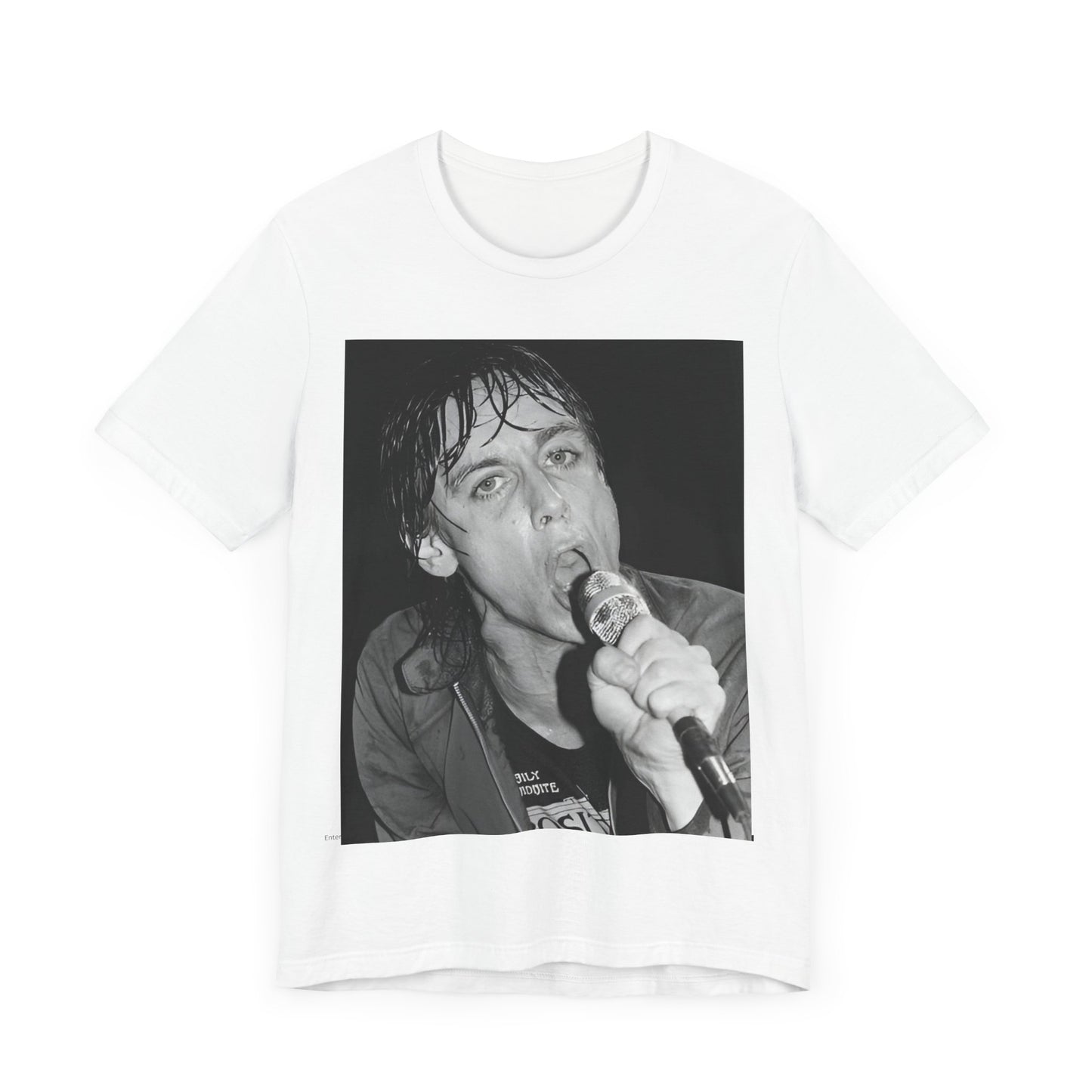 A black graphic t-shirt featuring a 70s graphic or photo of Iggy Pop performing in a wild concert.