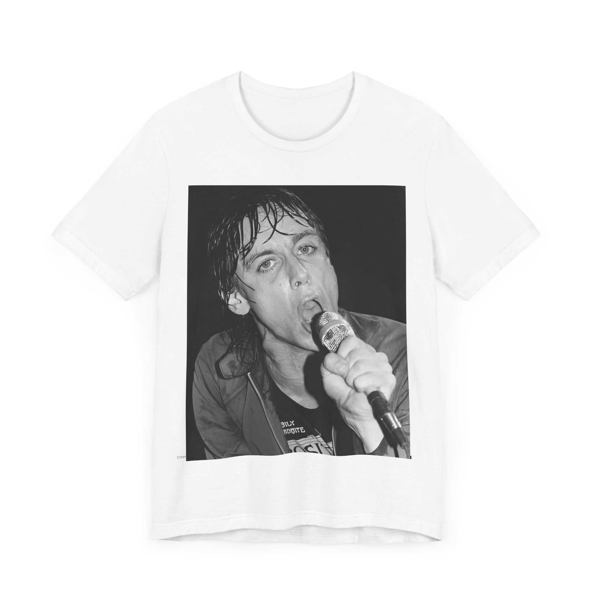 A black graphic t-shirt featuring a 70s graphic or photo of Iggy Pop performing in a wild concert.
