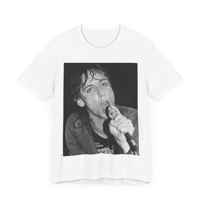 A black graphic t-shirt featuring a 70s graphic or photo of Iggy Pop performing in a wild concert.