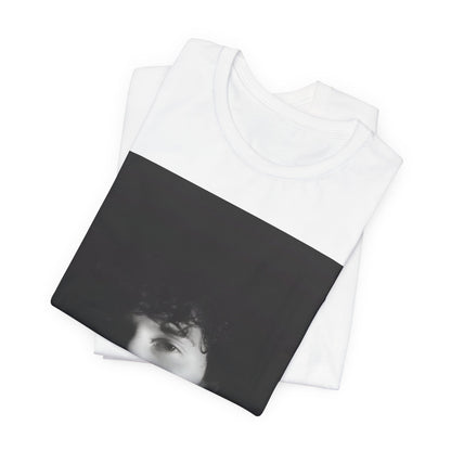A black graphic t-shirt featuring a black and white portrait photo of Shawn Mendes.