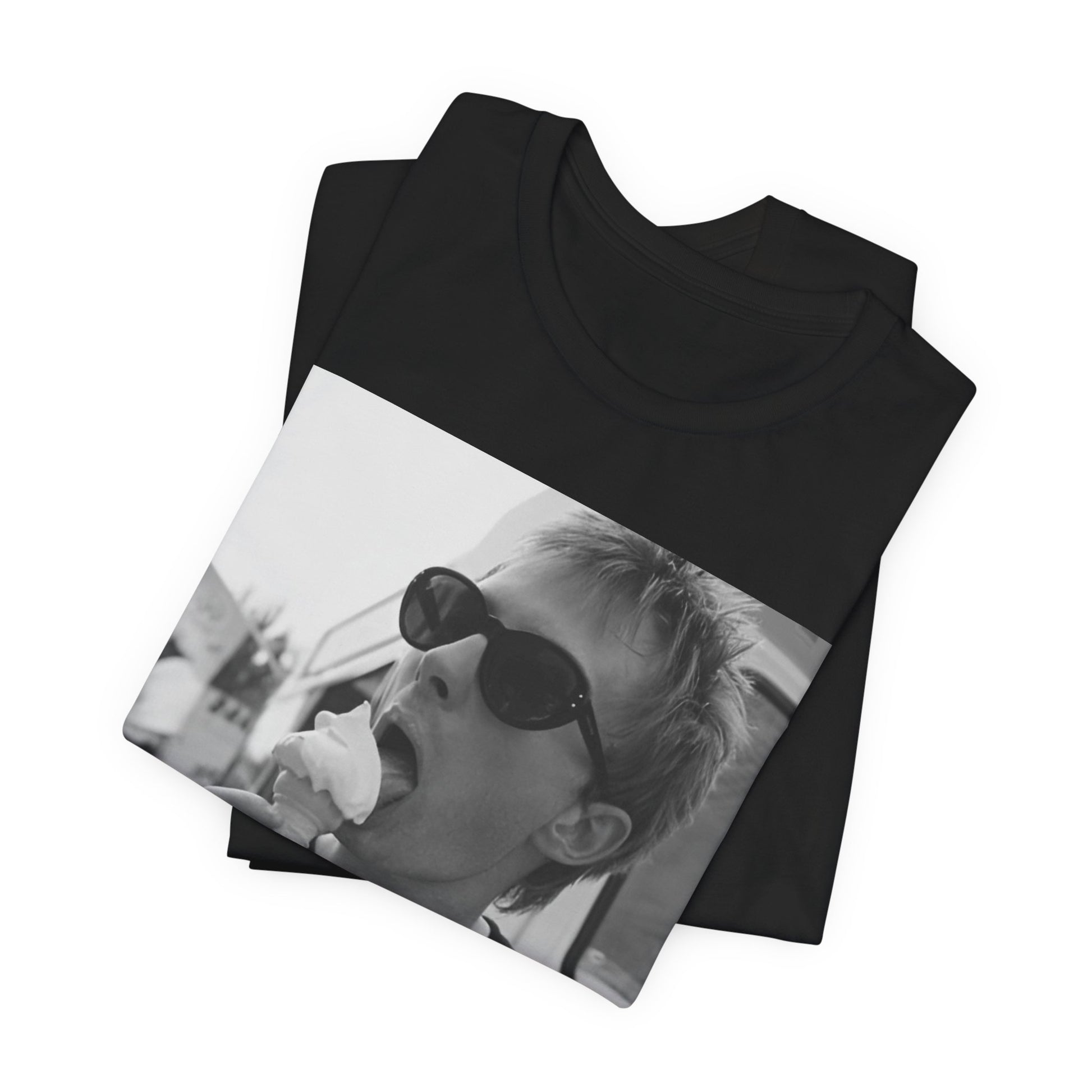 A black graphic t-shirt featuring a graphic of Thom Yorke from Radiohead with an ice cream cone.