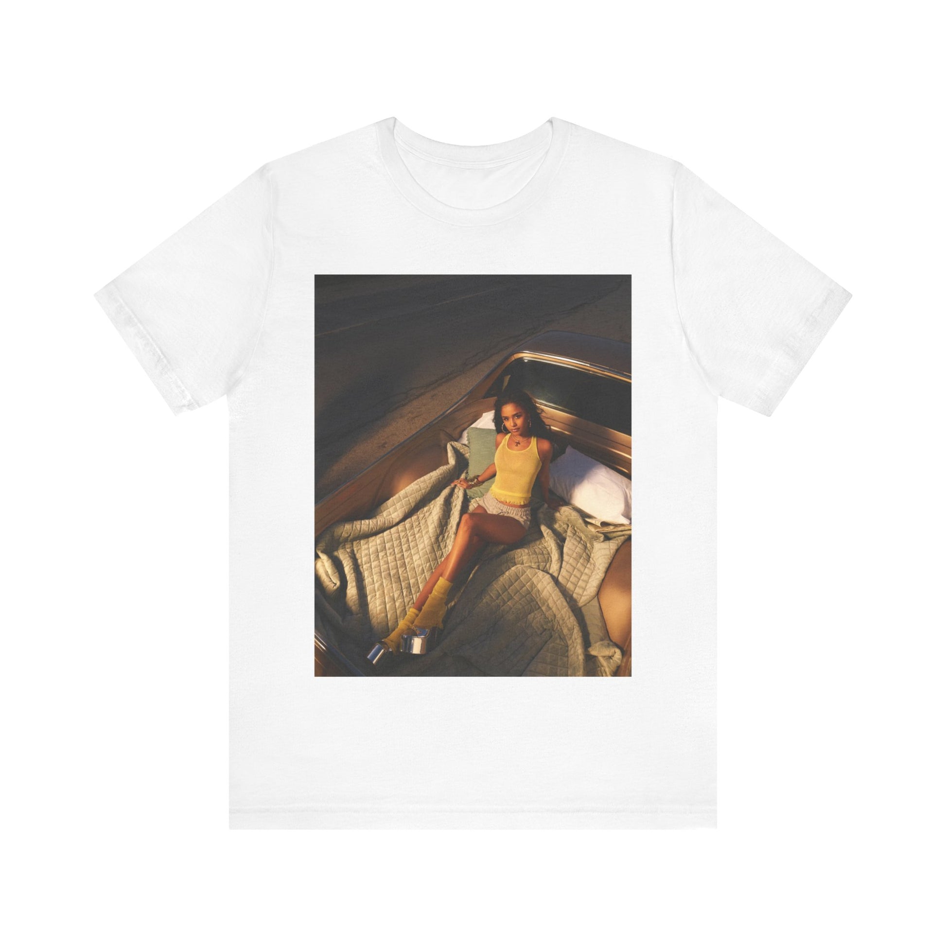 A black graphic t-shirt featuring a graphic of Tyla as an African fashion icon.