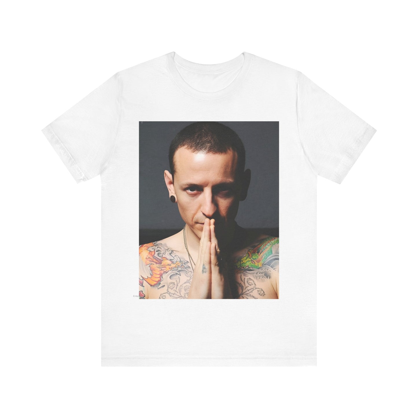 A black graphic t-shirt featuring a retro photo portrait of Chester Bennington from Linkin Park.