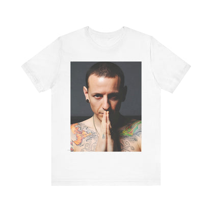 A black graphic t-shirt featuring a retro photo portrait of Chester Bennington from Linkin Park.