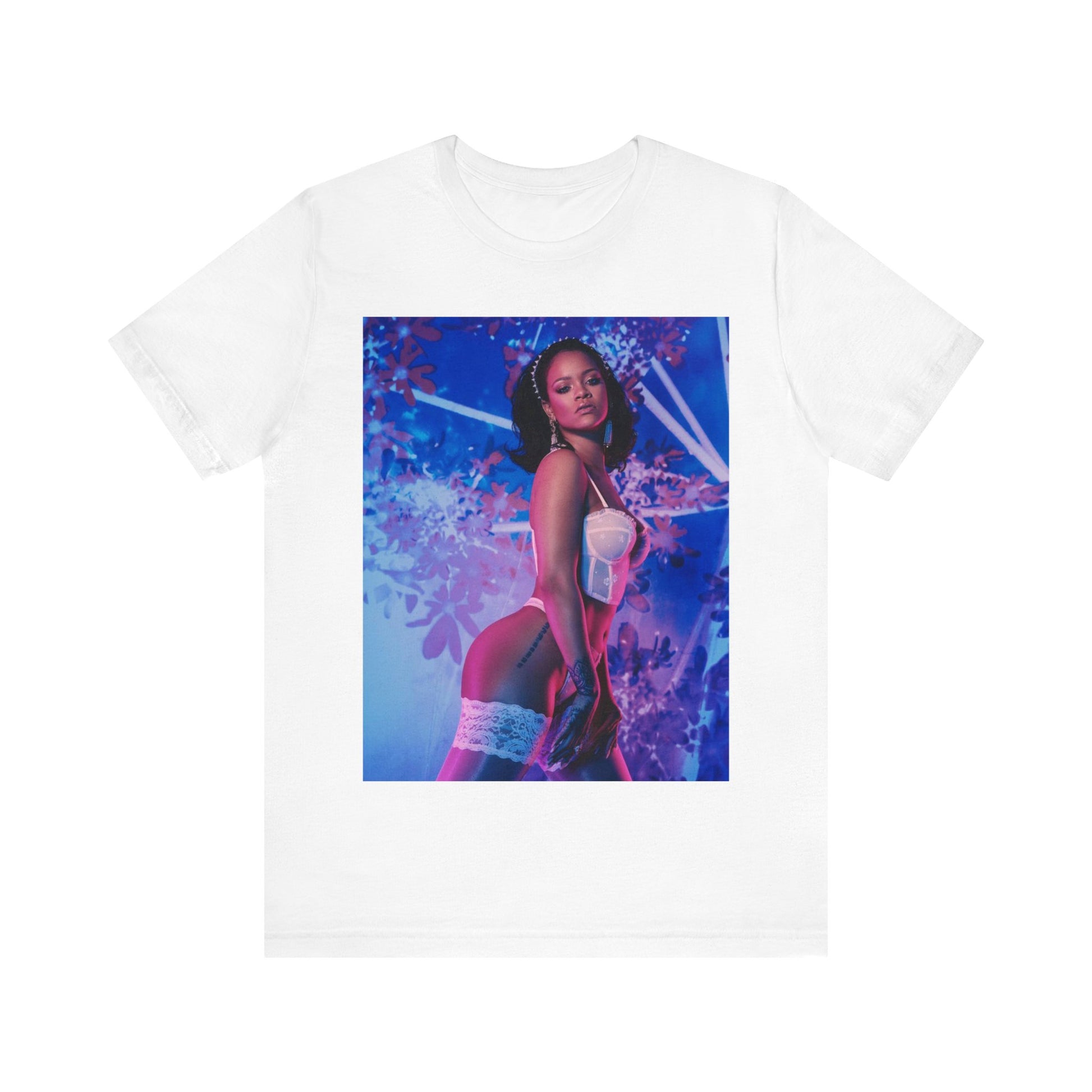 A black graphic t-shirt featuring a graphic of Rihanna as a lingerie goddess.