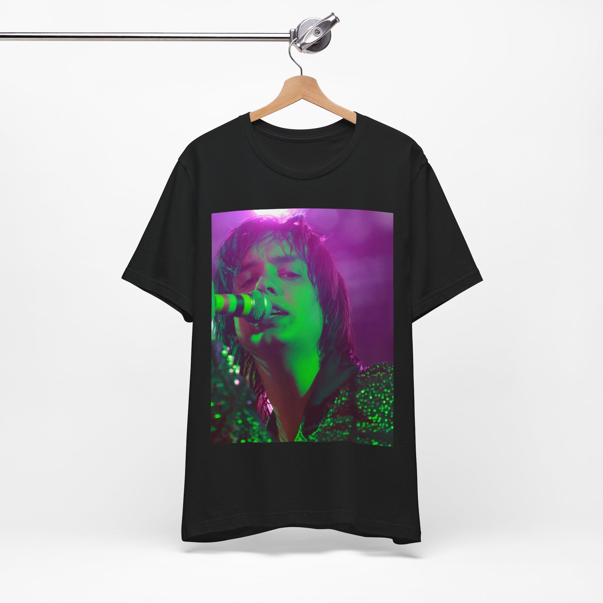 A black graphic t-shirt featuring a graphic related to The Strokes and the early 2000s rock revival.