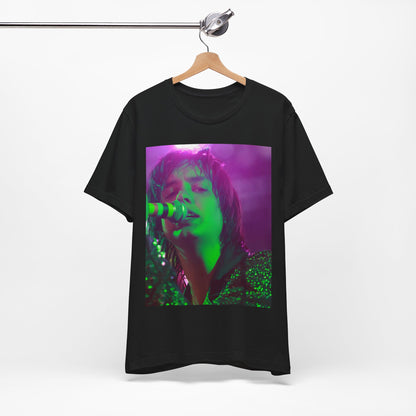 A black graphic t-shirt featuring a graphic related to The Strokes and the early 2000s rock revival.