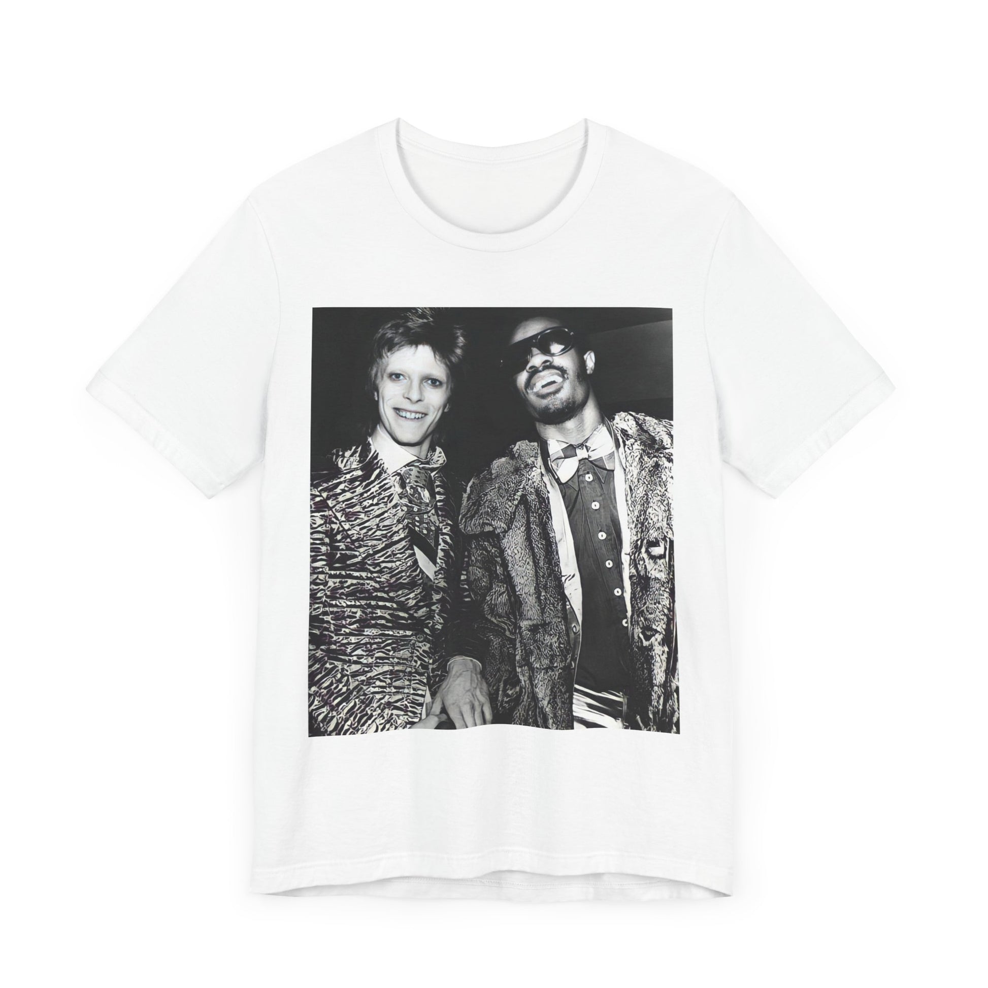 A black graphic t-shirt featuring a retro graphic of Stevie Wonder and David Bowie together.