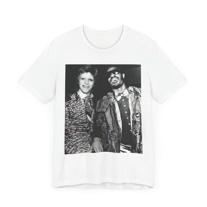 A black graphic t-shirt featuring a retro graphic of Stevie Wonder and David Bowie together.