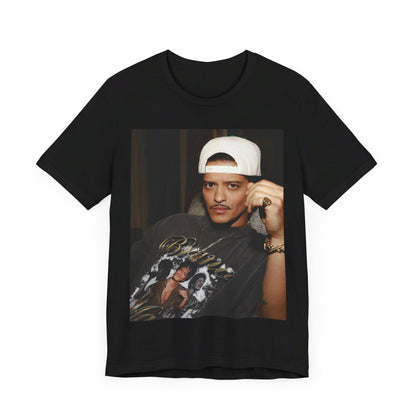 A black graphic t-shirt featuring a vintage aesthetic graphic of Bruno Mars.