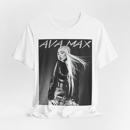 A black graphic t-shirt featuring a black and white portrait photo of Ava Max.