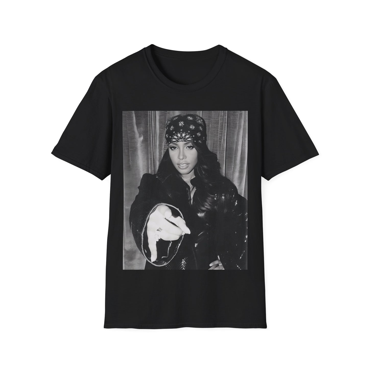Black and white close-up photo of Aaliyah wearing her iconic sunglasses, printed on a graphic t-shirt.