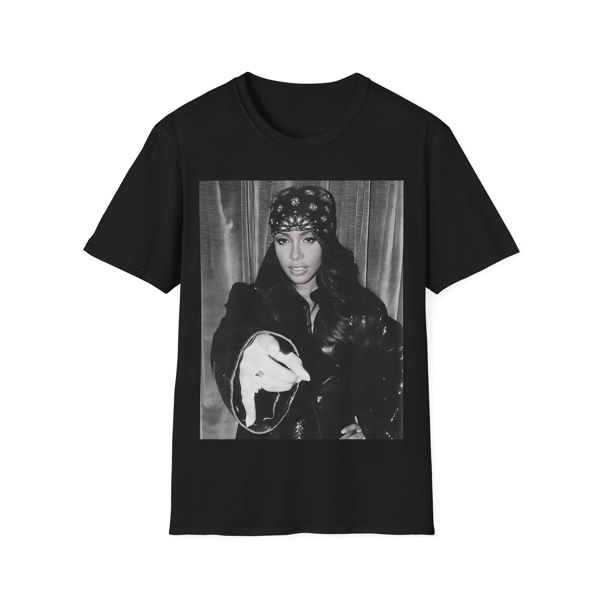 Black and white close-up photo of Aaliyah wearing her iconic sunglasses, printed on a graphic t-shirt.