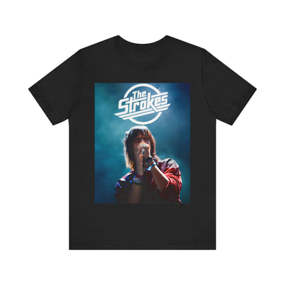 A black graphic t-shirt featuring a portrait or graphic of Julian Casablancas from The Strokes.