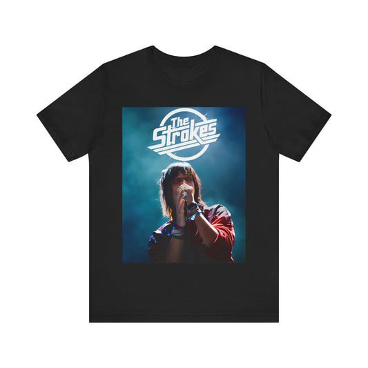 A black graphic t-shirt featuring a portrait or graphic of Julian Casablancas from The Strokes.