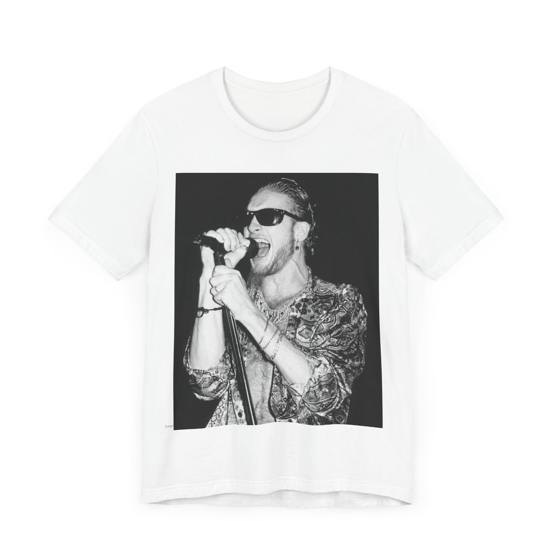 A black graphic t-shirt featuring an iconic black and white portrait photo of Layne Staley from Alice In Chains, showing his distinctive look.