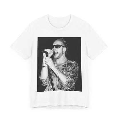 A black graphic t-shirt featuring an iconic black and white portrait photo of Layne Staley from Alice In Chains, showing his distinctive look.