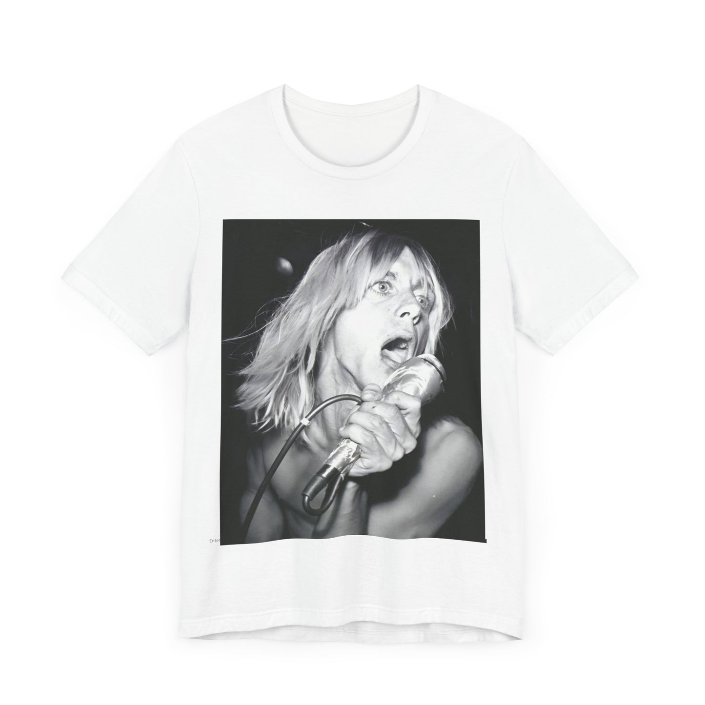 A black graphic t-shirt featuring a graphic of Iggy Pop as the Godfather of Punk, performing live.