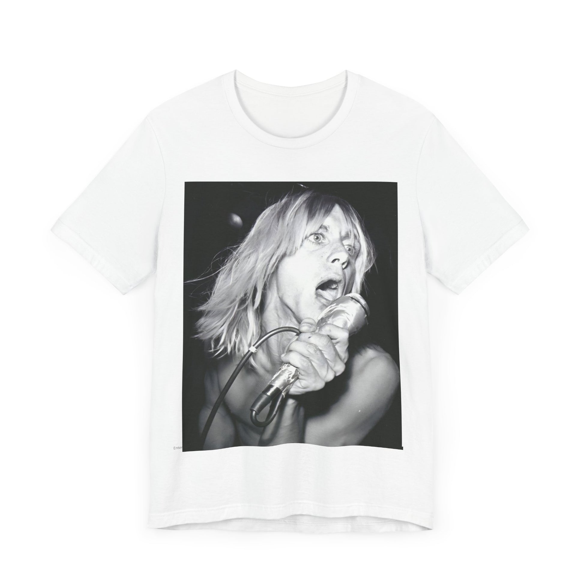 A black graphic t-shirt featuring a graphic of Iggy Pop as the Godfather of Punk, performing live.