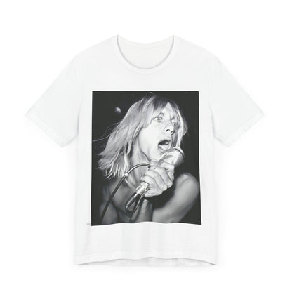 A black graphic t-shirt featuring a graphic of Iggy Pop as the Godfather of Punk, performing live.