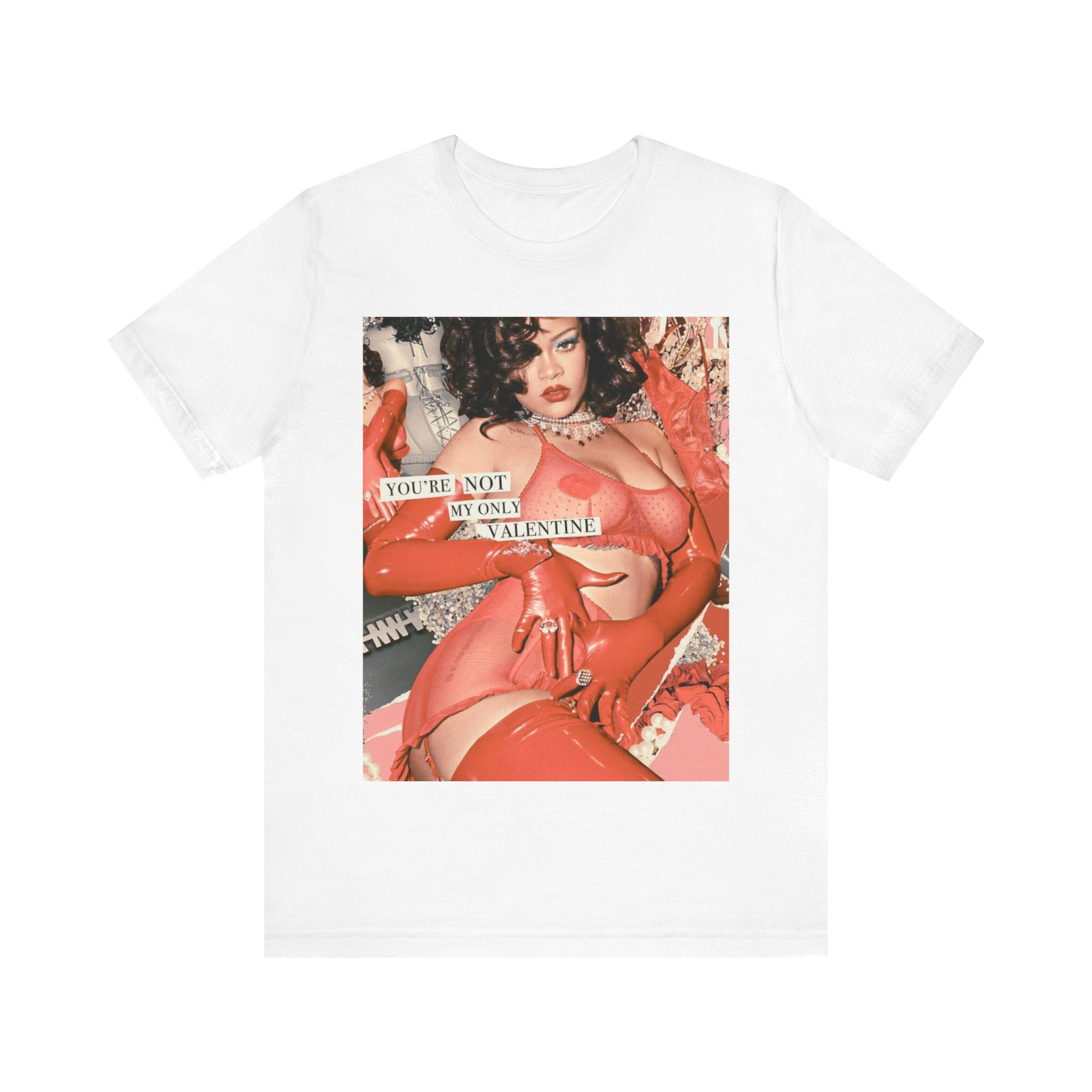 A black graphic t-shirt featuring a graphic of Rihanna with a 'hot valentine' theme.