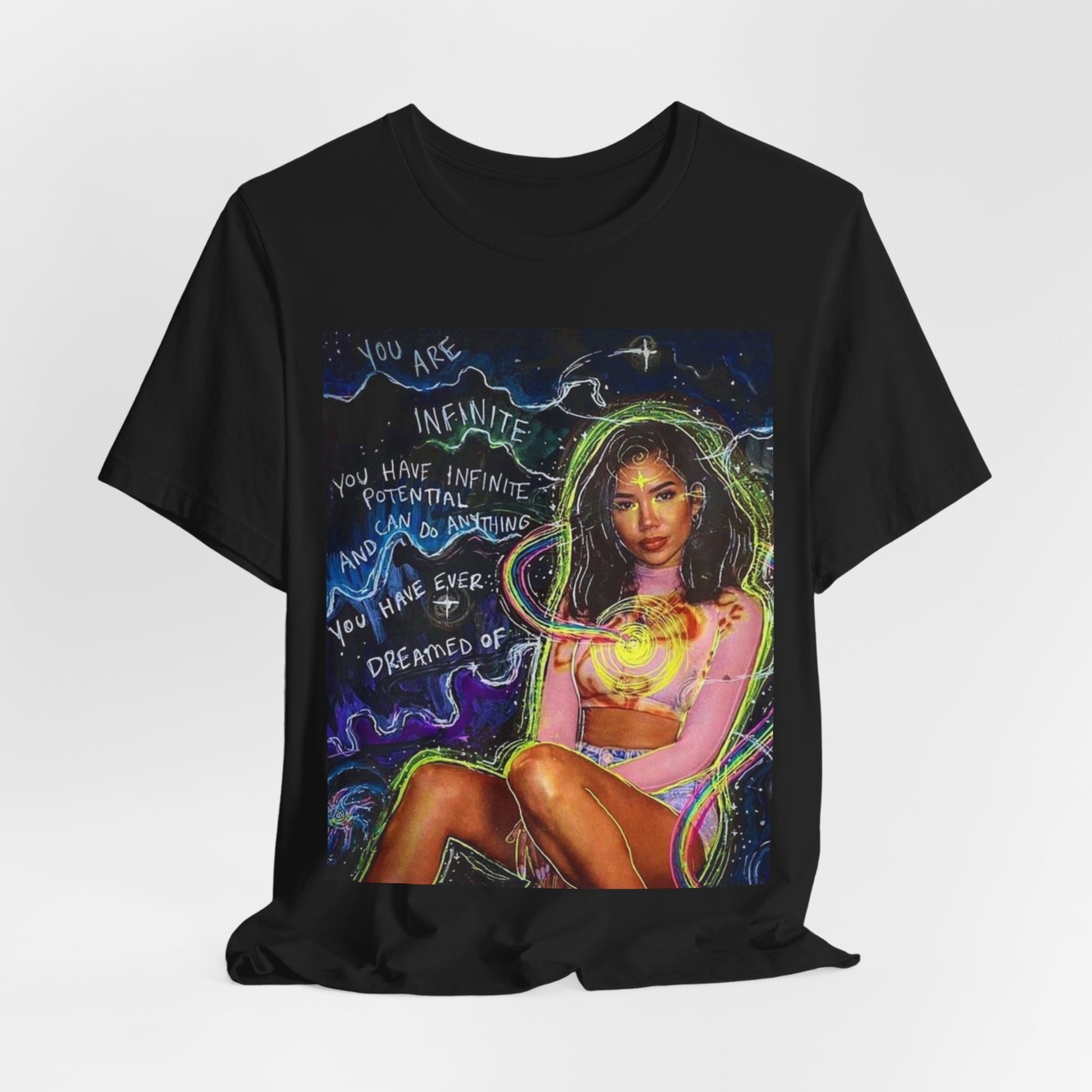A black graphic t-shirt featuring a bold graphic of Jhene Aiko as an R&B superstar.