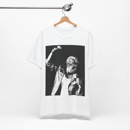 A black graphic t-shirt featuring a black and white photo of George Michael from his 'Faith' album era.