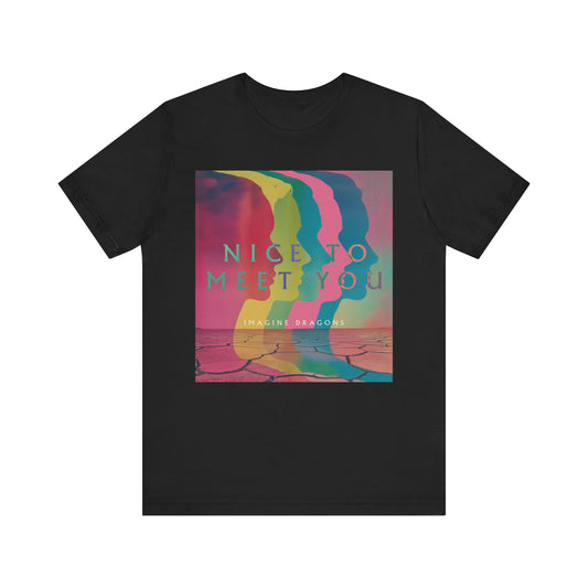 A black graphic t-shirt featuring a graphic related to Imagine Dragons' 'Nice to Meet You' song or a welcoming theme.