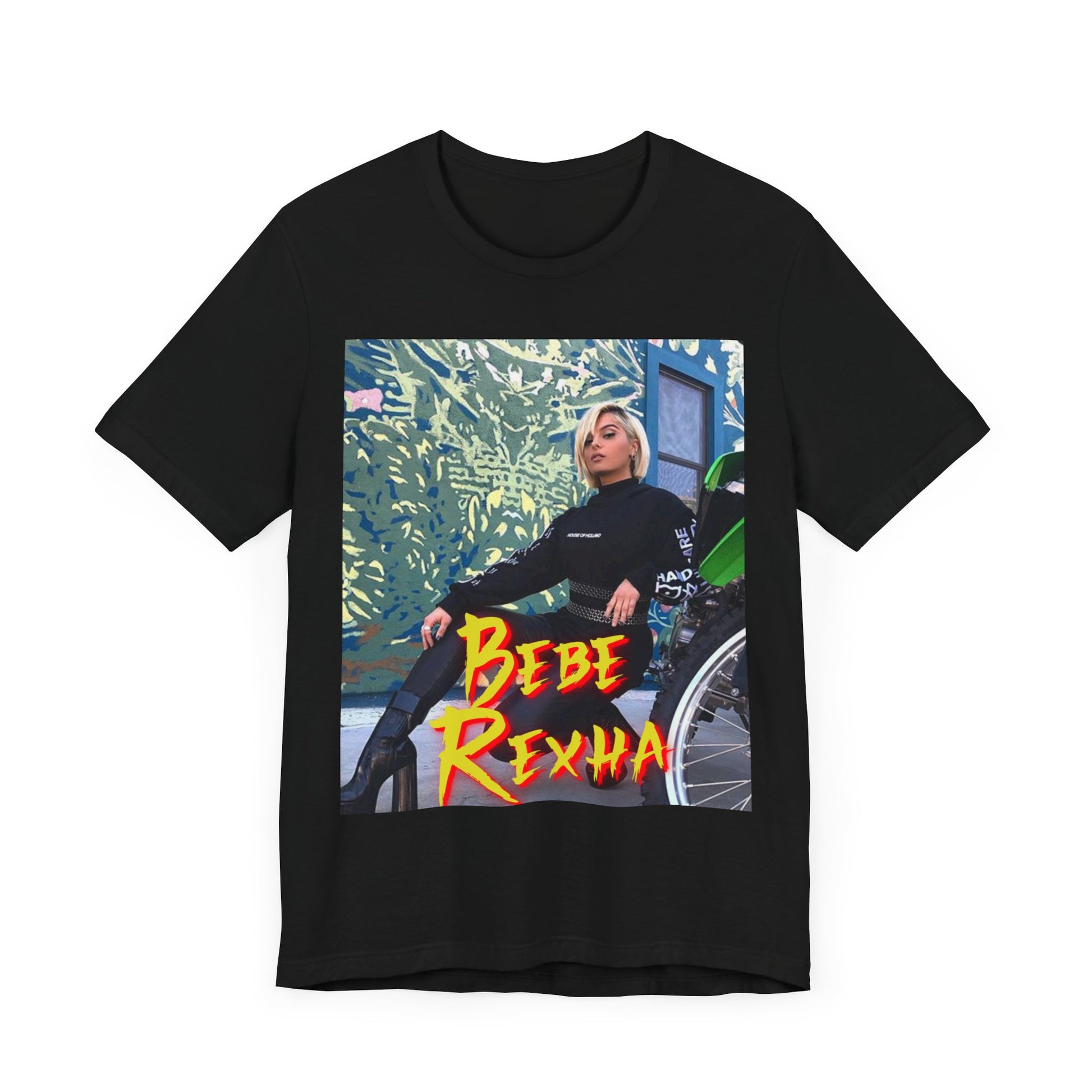 A black graphic t-shirt featuring a vintage pop aesthetic graphic of Bebe Rexha.