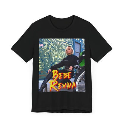 A black graphic t-shirt featuring a vintage pop aesthetic graphic of Bebe Rexha.