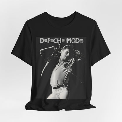 A black graphic t-shirt featuring a black and white graphic or photo of Depeche Mode performing live on stage.
