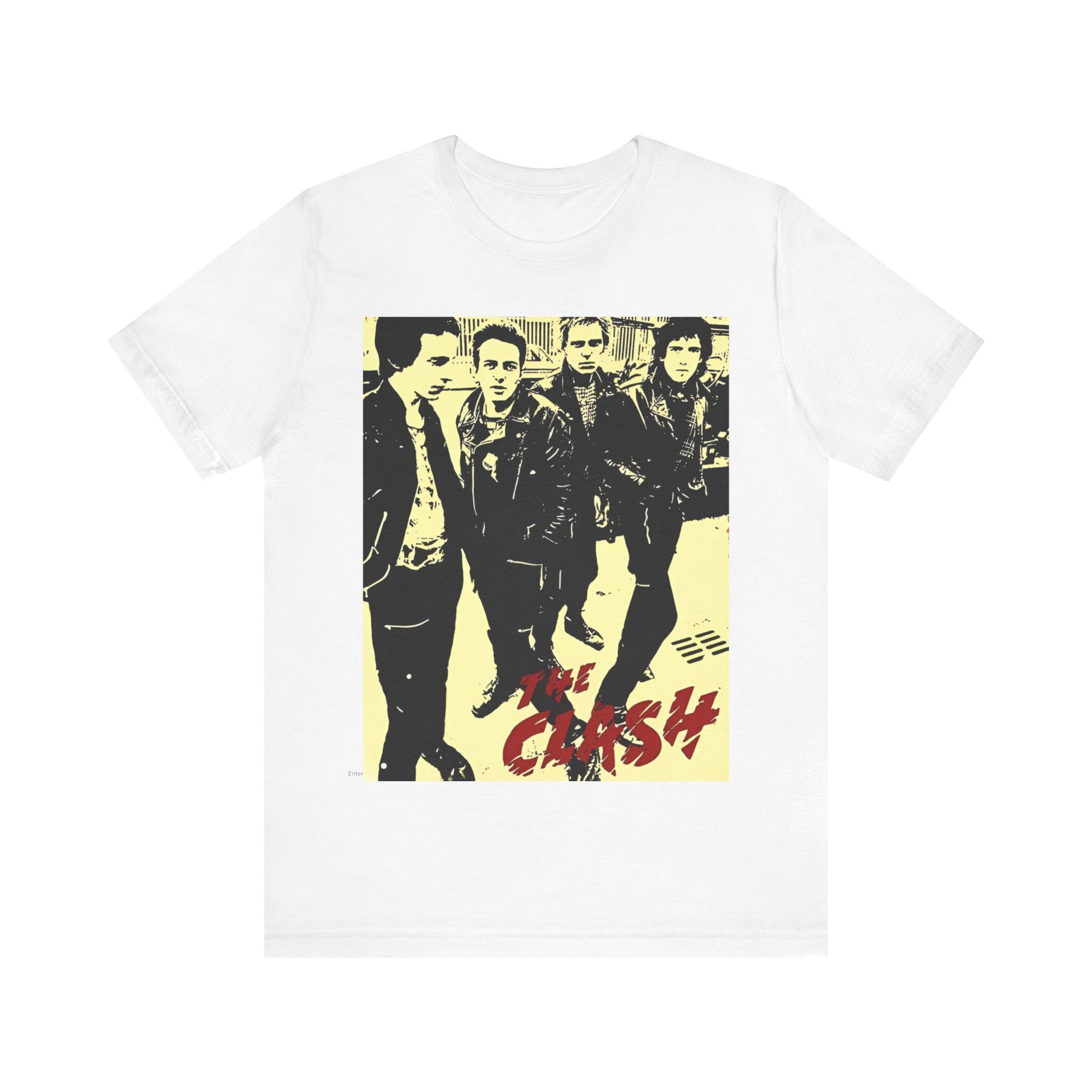 A black graphic t-shirt featuring an anti-establishment rock band graphic of The Clash.