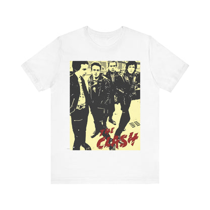 A black graphic t-shirt featuring an anti-establishment rock band graphic of The Clash.