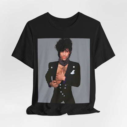 A black graphic t-shirt featuring a 90s vintage funk pop icon graphic of Prince.