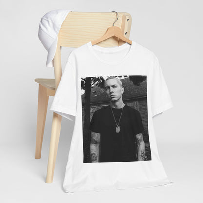 A black graphic t-shirt featuring a black and white graphic of Eminem as Slim Shady.