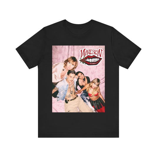 A black graphic t-shirt featuring a graphic related to Maneskin's 'I Wanna Be Your Slave' song or era.