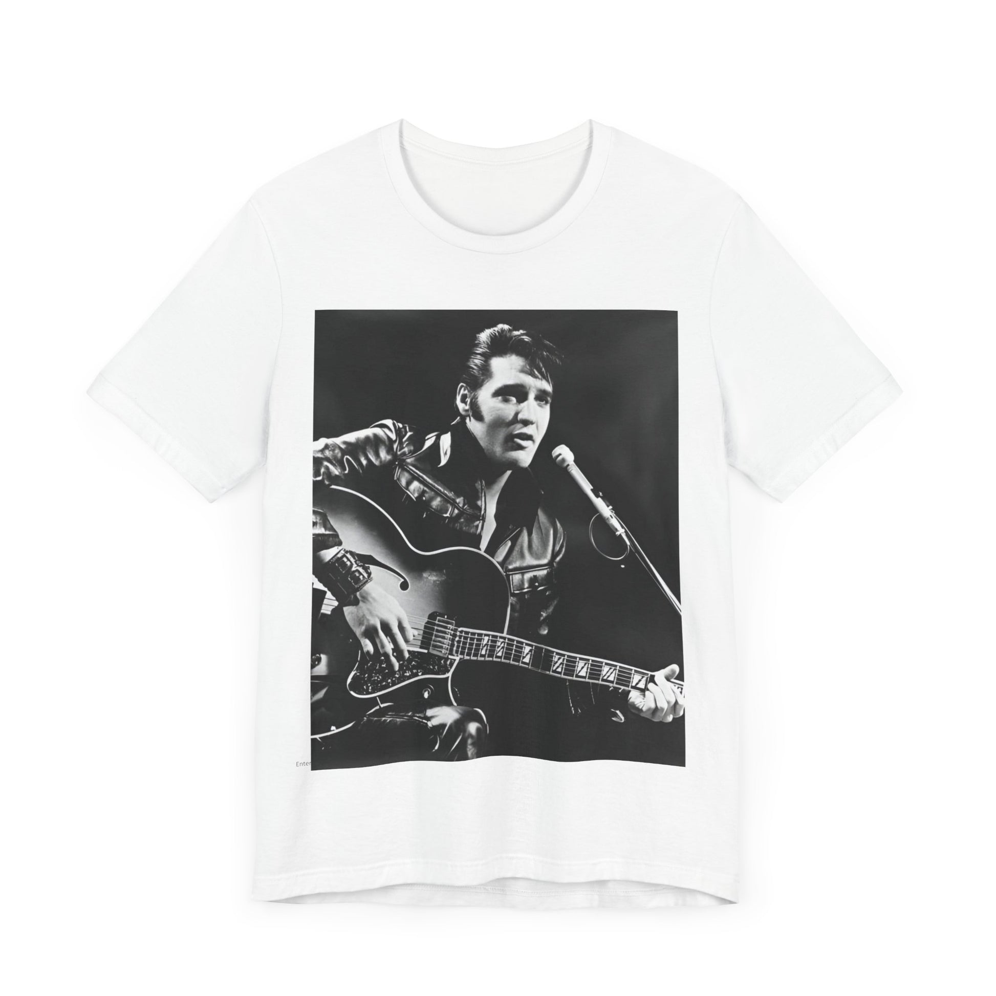 A black graphic t-shirt featuring a graphic related to Elvis Presley's 'Burning Love' song or era.