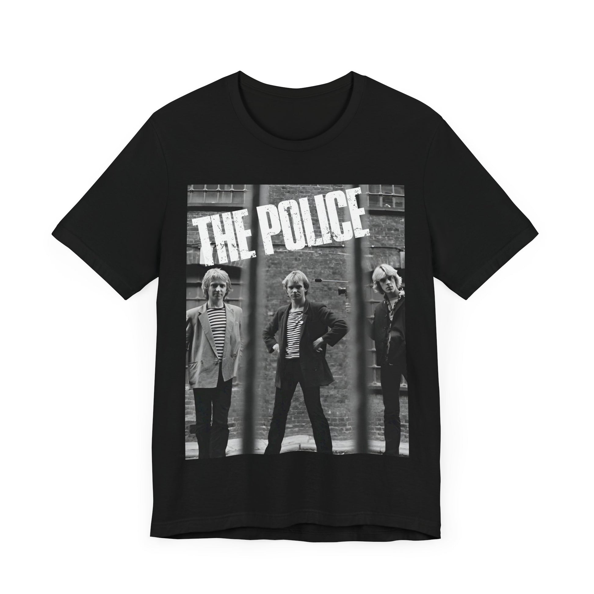 A black graphic t-shirt featuring a vintage new wave icon graphic of The Police.