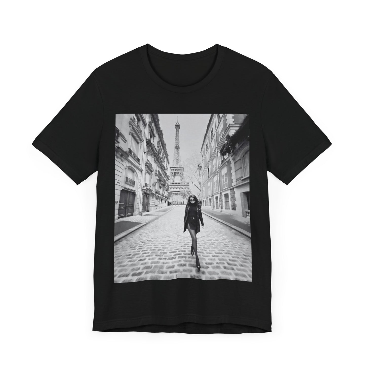 A black graphic t-shirt featuring a black and white photo of Selena Gomez in Paris.