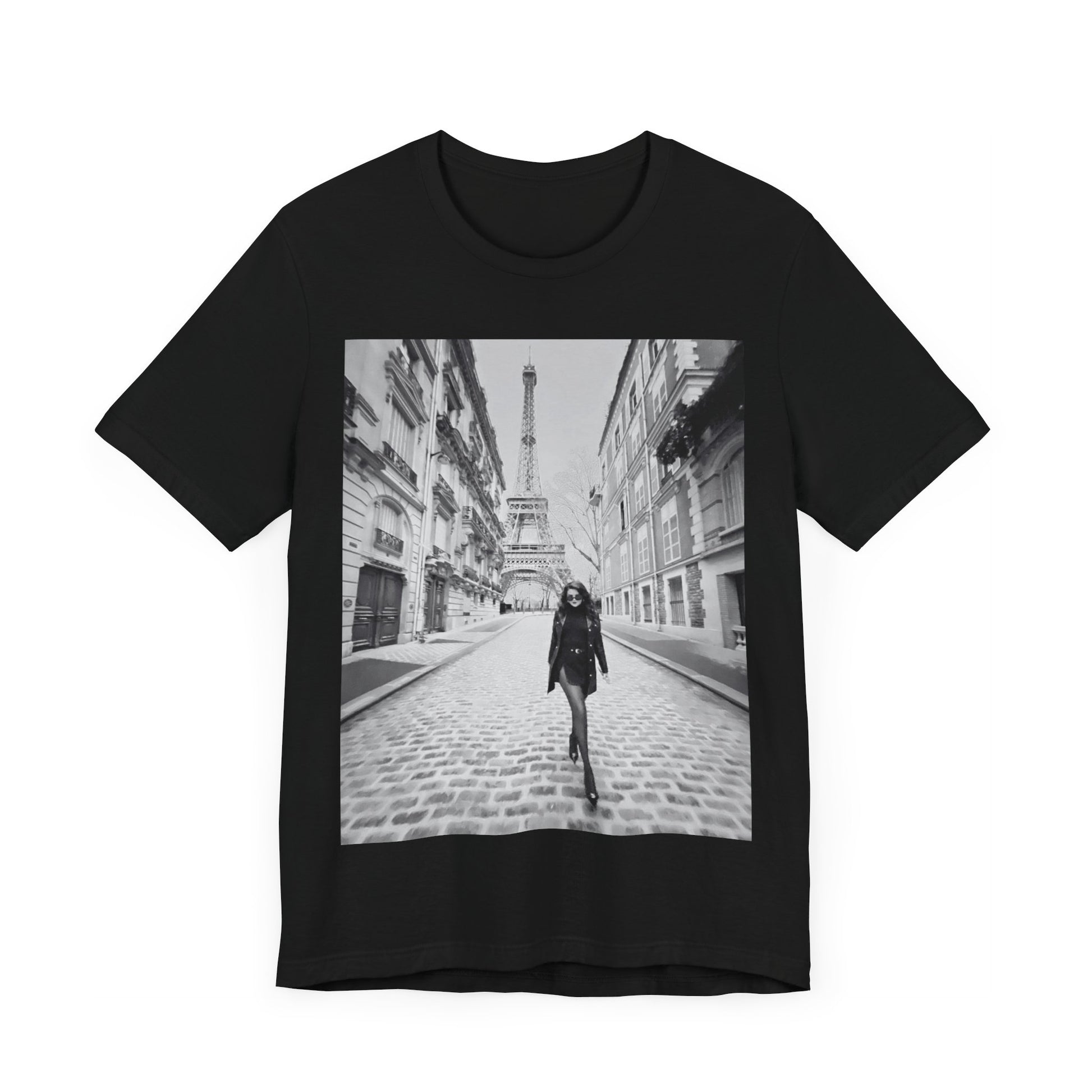 A black graphic t-shirt featuring a black and white photo of Selena Gomez in Paris.