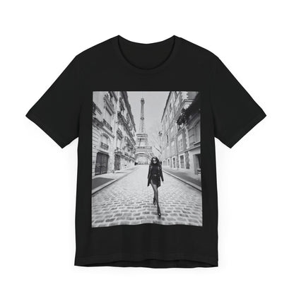 A black graphic t-shirt featuring a black and white photo of Selena Gomez in Paris.